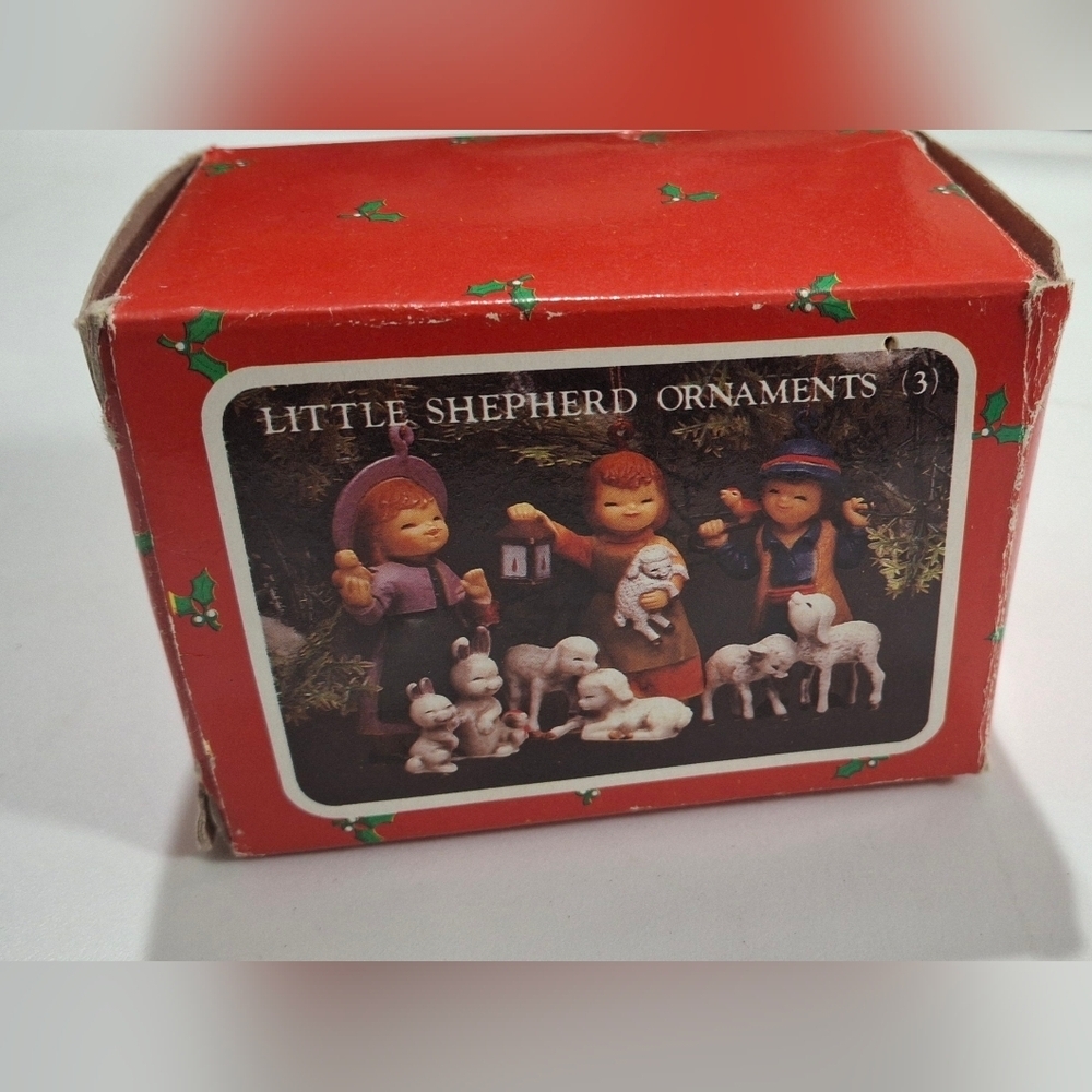 3 Vintage Hard Plastic Children With Animals Tree Ornaments In Box.